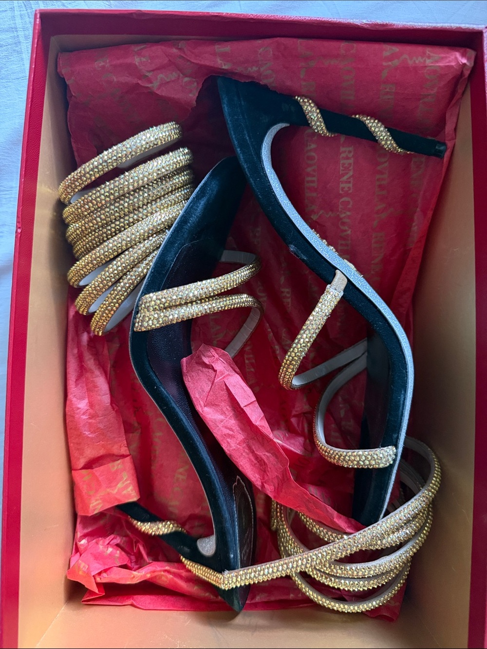 margot Black Satin Heels with Gold Crystal Wrap Straps